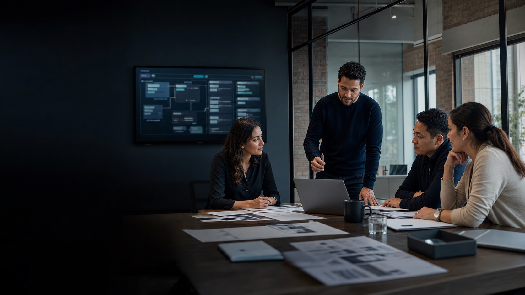 A business team working with a facilitator during an AI workflow setup session