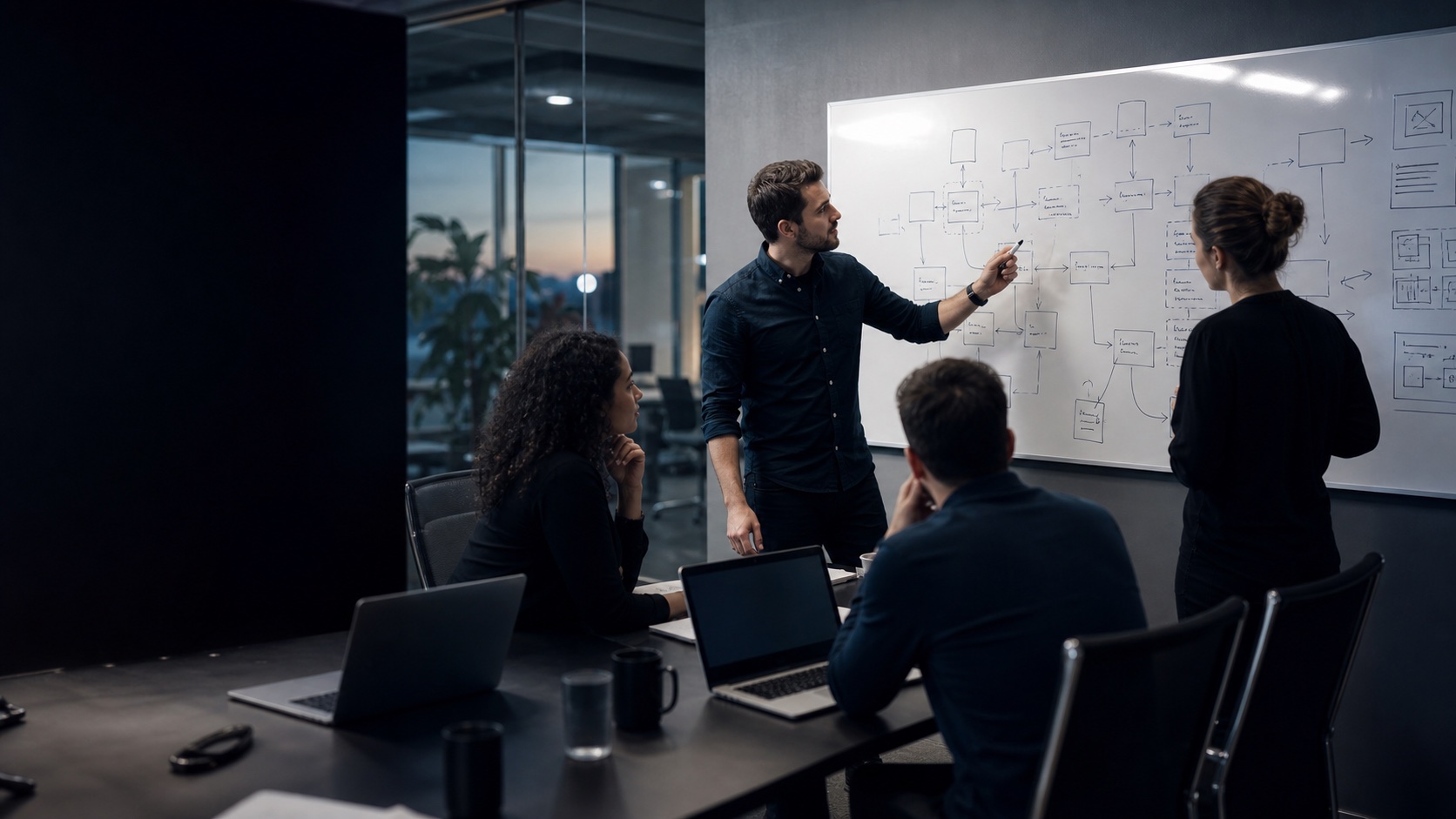 A business operations team mapping a practical workflow