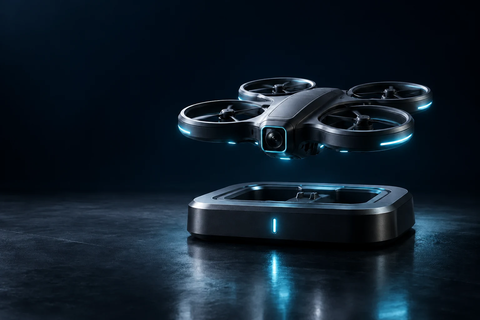 Concept render of a compact guarded drone hovering over a proposed docking station